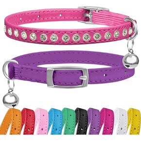 2 Pack Cat Collars with Bells, Rhinestones Leather Cat Collar with Elastic Strap, Kitten Collar, Adjustable Diamond Cat Collar for Girl Boy, 7.5" - 11.5", Pink and Blue