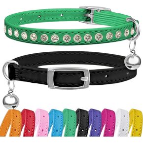 2 Pack Cat Collars with Bells, Rhinestones Leather Cat Collar with Elastic Strap, Kitten Collar, Adjustable Diamond Cat Collar for Girl Boy, 7.5" - 11.5", Pink and Blue