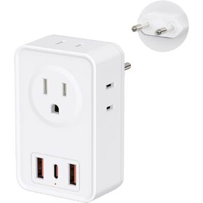 European Travel Plug Adapter, Type C International Power Adaptor Charger with 4 AC Outlets 3 USB Ports(1 USB C), US to Most Europe EU German French Spain Italy Iceland