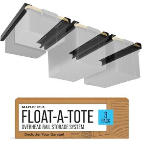 Maplefield Float-A-Tote Garage Overhead Storage Racks - 3 Pack (6 Rails) - Adjustable Ceiling Racks for Tote Bins - Supports 40 Lbs - Easy Installation