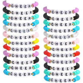 24 Pcs Cheerleader Gifts for Girls Handmade Friendship Bracelets for Teen Girls Stretch Cheer Bracelets Y2k Cheer Stuff Stackable Clay Bead Bracelets Bulk Teens Birthday Christmas Party Favors