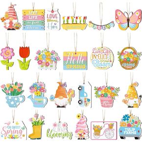 24 Pcs Hello Spring Flowers Hanging Ornaments, Gnome Tulip Dwarf Fence Wooden Ladder Flowers Decorations Floral Wooden Sign Tabletop Rustic Farmhouse Decor for Spring Home Tree Party Favors