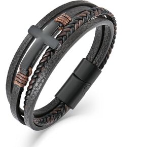 Mens Leather Cross Bracelet Multi-Layer Braided Faith Cross Bracelet for Religious Bangle Wristband Jewelry for Men Boys