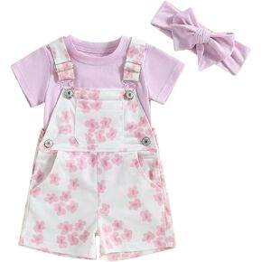 Madjtlqy Toddler Baby Girl Outfit T-shirt Tops + Flower Print Suspender Shorts + Headband Summer Clothes 0-3T