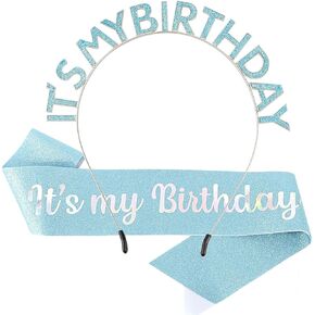Blue Birthday Headband Birthday Crown for Girls, Cute Birthday Sash & Birthday Tiara for Women Set, Sweet Birthday Headband Birthday Decorations Birthday Gifts for Women