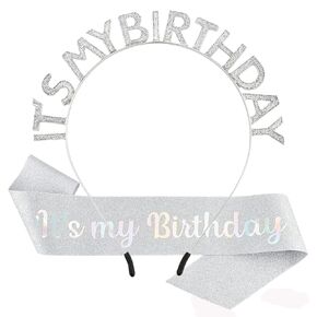 Blue Birthday Headband Birthday Crown for Girls, Cute Birthday Sash & Birthday Tiara for Women Set, Sweet Birthday Headband Birthday Decorations Birthday Gifts for Women
