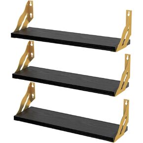 RLAVBL Floating Wall Shelves Set of 3, Gold Wall Shelf with Metal Brackets for Bedroom, Living Room, Bathroom, Kitchen