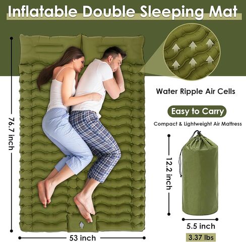 وسادة نوم مزدوجة، سجادات نوم ذاتية النفخ للتخييم مع وسادة، مرتبة وسادة تخييم خفيفة الوزن قابلة للنفخ مع مضخة قدم مدمجة لحقائب الظهر والمشي لمسافات طويلة والتسلق والسفر والخيمة in Kuwait