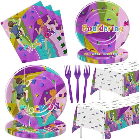 لوازم حفلات أعياد الميلاد لتسلق الصخور - أدوات مائدة لتزيين حفلات تسلق الصخور، طبق ورقي، منديل، مفرش طاولة، شوكة، مغامرة التخييم، زينة عيد ميلاد لتسلق الصخور | يخدم 24 in Kuwait