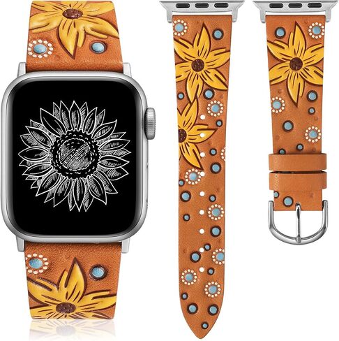 Minyee Leather Band Compatible with Apple Watch Band 41/40/38/44/45/49/42mm Women, Dressy Designer Embossed Leather Wristband Sunflower Pattern Strap for iWatch Ultra 2, Series 9/8/7/6/5/4/3/2/1/SE in Saudi Arabia