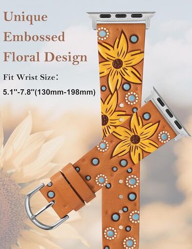 Minyee Leather Band Compatible with Apple Watch Band 41/40/38/44/45/49/42mm Women, Dressy Designer Embossed Leather Wristband Sunflower Pattern Strap for iWatch Ultra 2, Series 9/8/7/6/5/4/3/2/1/SE in Saudi Arabia