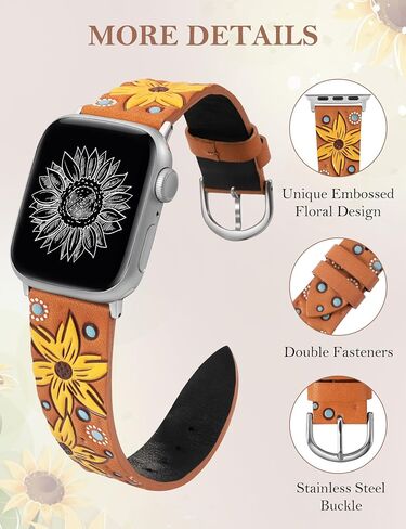 Minyee Leather Band Compatible with Apple Watch Band 41/40/38/44/45/49/42mm Women, Dressy Designer Embossed Leather Wristband Sunflower Pattern Strap for iWatch Ultra 2, Series 9/8/7/6/5/4/3/2/1/SE in Saudi Arabia