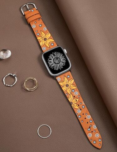 Minyee Leather Band Compatible with Apple Watch Band 41/40/38/44/45/49/42mm Women, Dressy Designer Embossed Leather Wristband Sunflower Pattern Strap for iWatch Ultra 2, Series 9/8/7/6/5/4/3/2/1/SE in Saudi Arabia