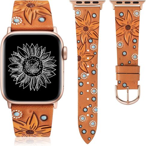 Minyee Leather Band Compatible with Apple Watch Band 41/40/38/44/45/49/42mm Women, Dressy Designer Embossed Leather Wristband Sunflower Pattern Strap for iWatch Ultra 2, Series 9/8/7/6/5/4/3/2/1/SE in Saudi Arabia