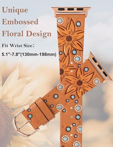 Minyee Leather Band Compatible with Apple Watch Band 41/40/38/44/45/49/42mm Women, Dressy Designer Embossed Leather Wristband Sunflower Pattern Strap for iWatch Ultra 2, Series 9/8/7/6/5/4/3/2/1/SE in Saudi Arabia