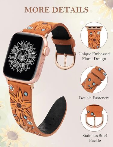Minyee Leather Band Compatible with Apple Watch Band 41/40/38/44/45/49/42mm Women, Dressy Designer Embossed Leather Wristband Sunflower Pattern Strap for iWatch Ultra 2, Series 9/8/7/6/5/4/3/2/1/SE in Saudi Arabia