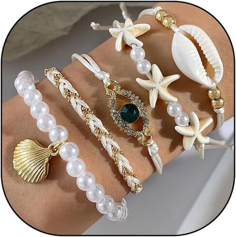 Boho Layered Gold Bracelets for Women Girls, Beaded Pearl Chain Bracelets Seashell Conch Flower Bangles Sets Crystal Cz Beach Bracelets Jewelry Gifts in Saudi Arabia