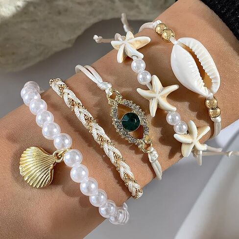 Boho Layered Gold Bracelets for Women Girls, Beaded Pearl Chain Bracelets Seashell Conch Flower Bangles Sets Crystal Cz Beach Bracelets Jewelry Gifts in Saudi Arabia