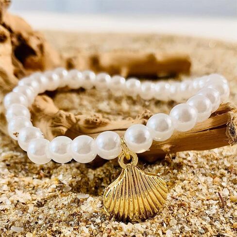 Boho Layered Gold Bracelets for Women Girls, Beaded Pearl Chain Bracelets Seashell Conch Flower Bangles Sets Crystal Cz Beach Bracelets Jewelry Gifts in Saudi Arabia