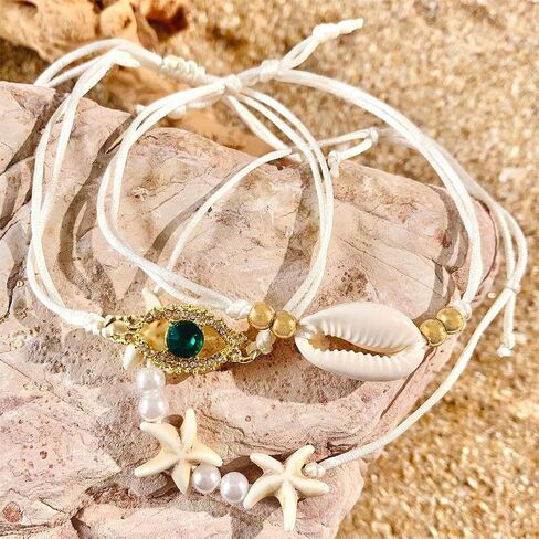 Boho Layered Gold Bracelets for Women Girls, Beaded Pearl Chain Bracelets Seashell Conch Flower Bangles Sets Crystal Cz Beach Bracelets Jewelry Gifts in Saudi Arabia