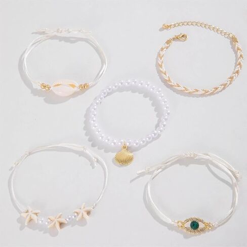 Boho Layered Gold Bracelets for Women Girls, Beaded Pearl Chain Bracelets Seashell Conch Flower Bangles Sets Crystal Cz Beach Bracelets Jewelry Gifts in Saudi Arabia