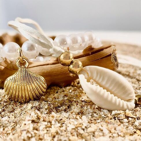 Boho Layered Gold Bracelets for Women Girls, Beaded Pearl Chain Bracelets Seashell Conch Flower Bangles Sets Crystal Cz Beach Bracelets Jewelry Gifts in Saudi Arabia