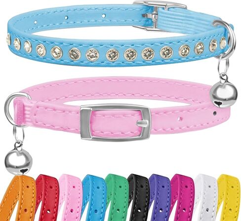 2 Pack Cat Collars with Bells, Rhinestones Leather Cat Collar with Elastic Strap, Kitten Collar, Adjustable Diamond Cat Collar for Girl Boy, 7.5" - 11.5", Pink and Blue in Saudi Arabia