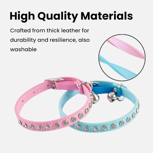 2 Pack Cat Collars with Bells, Rhinestones Leather Cat Collar with Elastic Strap, Kitten Collar, Adjustable Diamond Cat Collar for Girl Boy, 7.5" - 11.5", Pink and Blue in Saudi Arabia