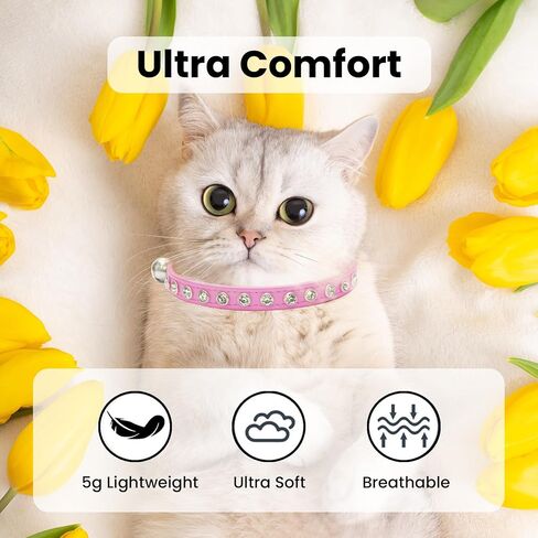 2 Pack Cat Collars with Bells, Rhinestones Leather Cat Collar with Elastic Strap, Kitten Collar, Adjustable Diamond Cat Collar for Girl Boy, 7.5" - 11.5", Pink and Blue in Saudi Arabia