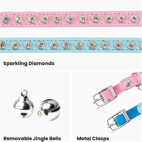 2 Pack Cat Collars with Bells, Rhinestones Leather Cat Collar with Elastic Strap, Kitten Collar, Adjustable Diamond Cat Collar for Girl Boy, 7.5" - 11.5", Pink and Blue in Saudi Arabia