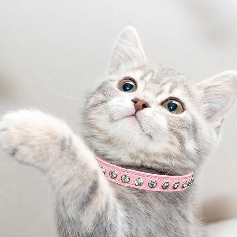 2 Pack Cat Collars with Bells, Rhinestones Leather Cat Collar with Elastic Strap, Kitten Collar, Adjustable Diamond Cat Collar for Girl Boy, 7.5" - 11.5", Pink and Blue in Saudi Arabia