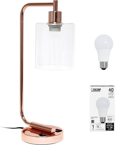 Simple Designs LD1036-WHT Bronson Antique Style Industrial Iron Lantern Desk Bedside Glass Shade Table Lamp, White in Kuwait