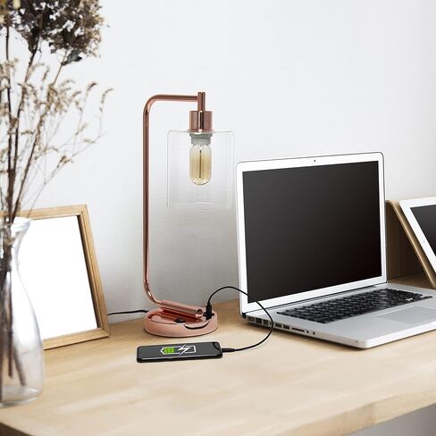 Simple Designs LD1036-WHT Bronson Antique Style Industrial Iron Lantern Desk Bedside Glass Shade Table Lamp, White in Kuwait