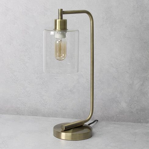 Simple Designs LD1036-WHT Bronson Antique Style Industrial Iron Lantern Desk Bedside Glass Shade Table Lamp, White in Saudi Arabia