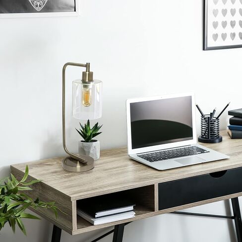 Simple Designs LD1036-WHT Bronson Antique Style Industrial Iron Lantern Desk Bedside Glass Shade Table Lamp, White in Saudi Arabia