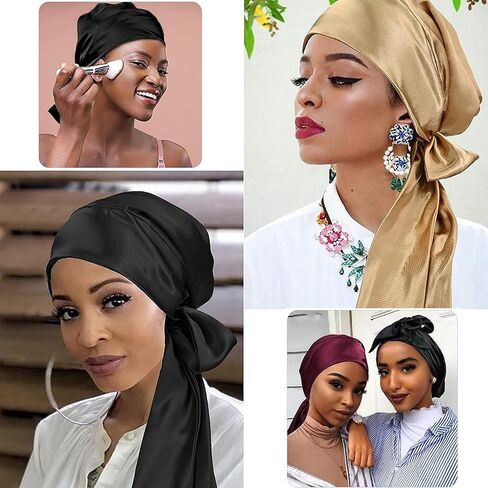 Soft Satin Head Scarf Sleeping Cap Turbans Long Tie Hat Head Cover Bonnet Head Wear for Women in Saudi Arabia