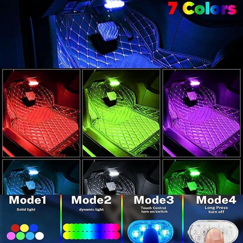4 قطع مصابيح LED للسيارة داخلية لاسلكية، مصابيح LED داخلية للسيارة 7 ألوان إضاءة محيطة للسيارة، أضواء السيارة داخل السيارة المحمولة USB القابلة لإعادة الشحن، ضوء ليلي ليلي لديكور السيارة in Saudi Arabia