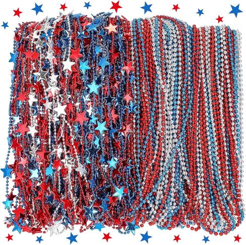 200 Pcs Patriotic Star Bead Necklace 4th of July Beads Necklaces Bulk Patriotic Red Bule Silver Bead Star Necklaces Independence Day Carnival Parade Party Decor Supplies in Saudi Arabia