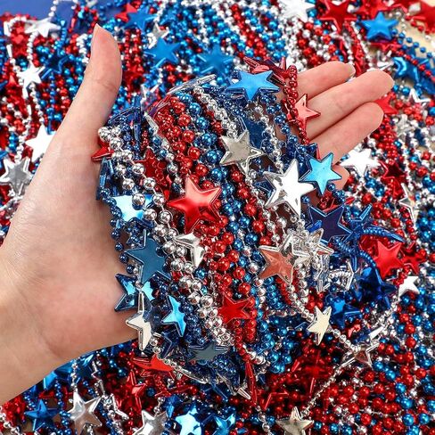 200 Pcs Patriotic Star Bead Necklace 4th of July Beads Necklaces Bulk Patriotic Red Bule Silver Bead Star Necklaces Independence Day Carnival Parade Party Decor Supplies in Saudi Arabia