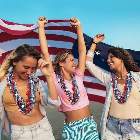 200 Pcs Patriotic Star Bead Necklace 4th of July Beads Necklaces Bulk Patriotic Red Bule Silver Bead Star Necklaces Independence Day Carnival Parade Party Decor Supplies in Saudi Arabia
