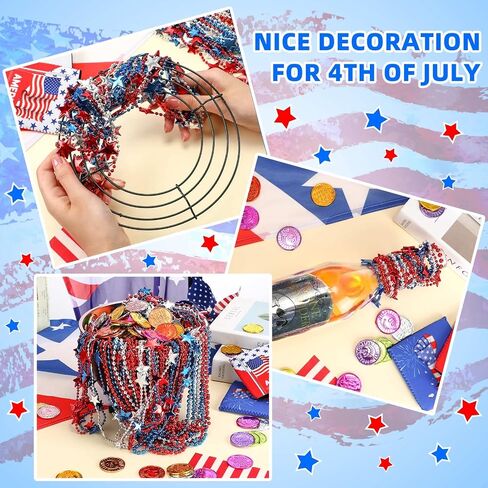 200 Pcs Patriotic Star Bead Necklace 4th of July Beads Necklaces Bulk Patriotic Red Bule Silver Bead Star Necklaces Independence Day Carnival Parade Party Decor Supplies in Saudi Arabia