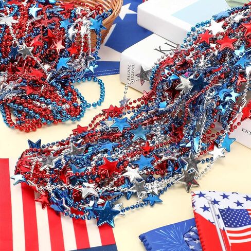 200 Pcs Patriotic Star Bead Necklace 4th of July Beads Necklaces Bulk Patriotic Red Bule Silver Bead Star Necklaces Independence Day Carnival Parade Party Decor Supplies in Saudi Arabia