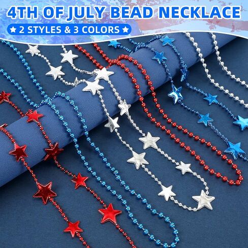200 Pcs Patriotic Star Bead Necklace 4th of July Beads Necklaces Bulk Patriotic Red Bule Silver Bead Star Necklaces Independence Day Carnival Parade Party Decor Supplies in Saudi Arabia