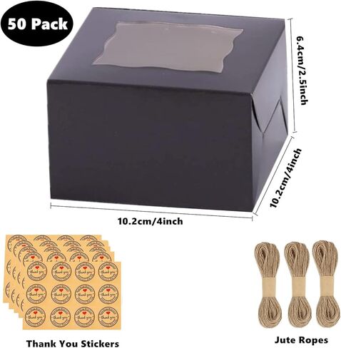 50 PCS 4 Inch Bakery Boxes with Window, Small Cookie Boxes 4x4x2.5 Inches Cake Boxes, Paper Treat Favor Boxes for Cupcakes Candy Chocolate Strawberries Muffins Donuts Dessert Pastry (Black) in Saudi Arabia