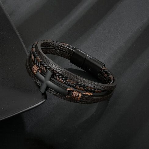 Mens Leather Cross Bracelet Multi-Layer Braided Faith Cross Bracelet for Religious Bangle Wristband Jewelry for Men Boys in Saudi Arabia