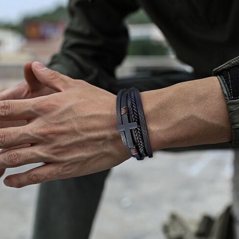 Mens Leather Cross Bracelet Multi-Layer Braided Faith Cross Bracelet for Religious Bangle Wristband Jewelry for Men Boys in Saudi Arabia