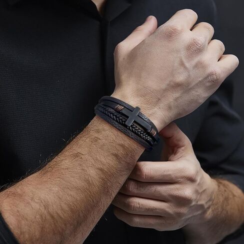 Mens Leather Cross Bracelet Multi-Layer Braided Faith Cross Bracelet for Religious Bangle Wristband Jewelry for Men Boys in Saudi Arabia