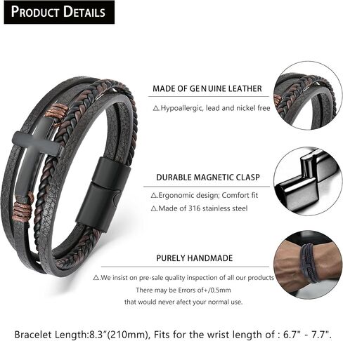 Mens Leather Cross Bracelet Multi-Layer Braided Faith Cross Bracelet for Religious Bangle Wristband Jewelry for Men Boys in Saudi Arabia