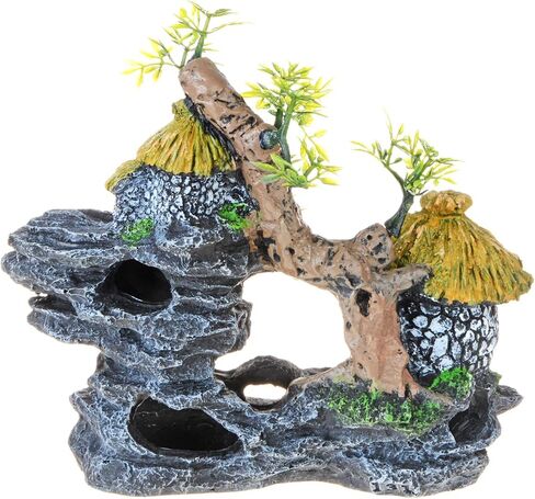 Saim Aquarium Decorations Old Straw Stone House Landscaping,Resin Tree House Stone Rock Landscape Cave Fish Tank Ornament in Saudi Arabia