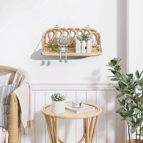 أرفف الحائط رف الروطان 16.5 بوصة ديكور حائط بوهو مصنوع يدويًا ديكور ريفي عائم للحمام وغرفة نوم الحضانة، رفوف تخزين خشبية وخشبية مثبتة على الحائط، أرفف معلقة in Kuwait